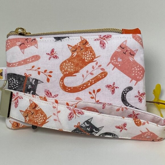 Cute Colorful Wristlet Coin Purse Wallet in Orange and Black Kitty Cat Print - Picture 5 of 6
